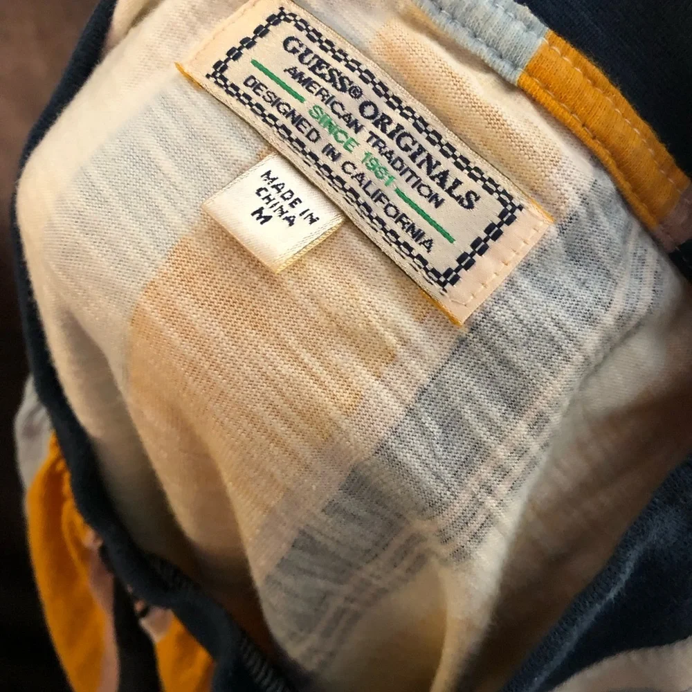 GUESS Men's Yellow, White & Navy Vertical Stripe Tee - Picture 8 of 8